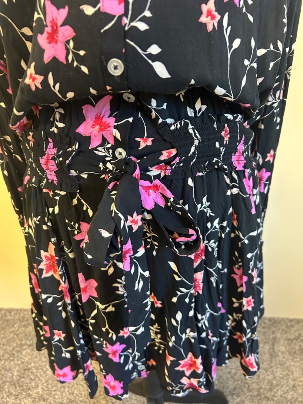 Free People Black Floral Button-Front Long Sleeve Dress with Pink Flowers - Picture 5 of 6